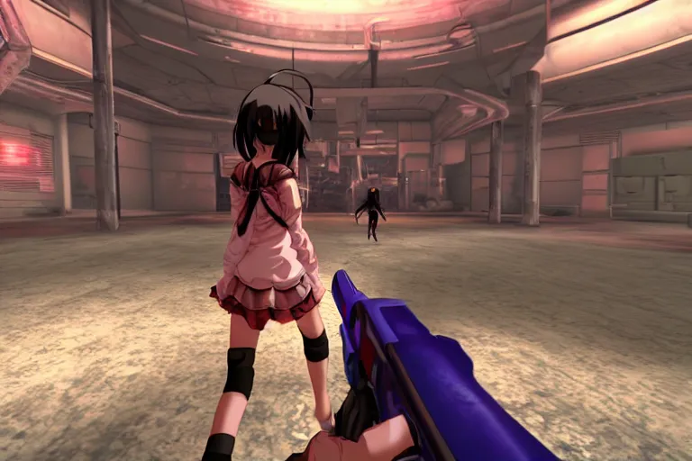 Image similar to an anime girl in a screenshot of the video game doom, the anime girl is running