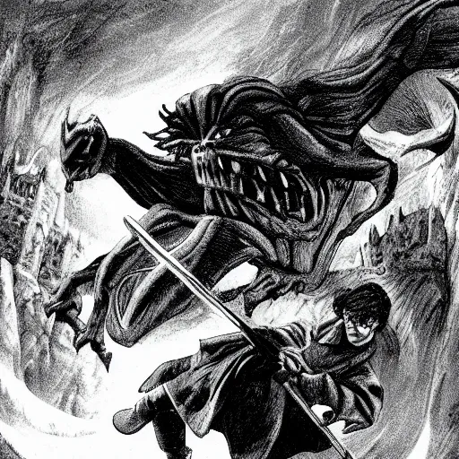 Image similar to Harry Potter riding a broom in Moria fighting Balrog