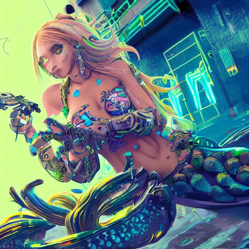 Prompt: highly detailed portrait of a cyberpunk mermaid by Akihiko Yoshida, Greg Tocchini, 4k resolution, hearthstone inspired, monster hunter inspired, vibrant green, yellow, blue, white, coral and black color scheme with graffiti