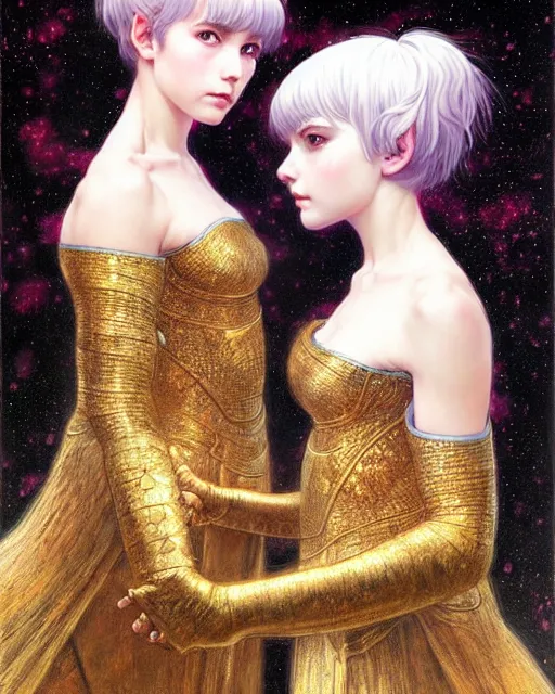 Image similar to portrait of two beautiful cute young maiden girls with short white hairs in warhammer armor, art by ( ( ( kuvshinov ilya ) ) ) and wayne barlowe and gustav klimt and artgerm and wlop