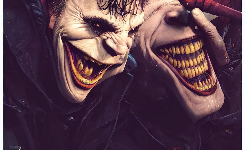 Image similar to highly detailed portrait of christoph waltz as the joker laughing, in batman comic book, stephen bliss, unreal engine, fantasy art by greg rutkowski, loish, rhads, ferdinand knab, makoto shinkai and lois van baarle, ilya kuvshinov, rossdraws, tom bagshaw, global illumination, radiant light, detailed and intricate environment