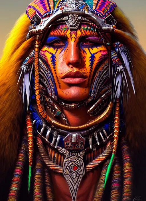 Image similar to portrait of jensen ackle, hyper detailed ultra sharp aztec shaman warrior. trending on artstation, warpaint aesthetic, bloodwave, colorful, psychedelic, ornate, intricate, digital painting, concept art, smooth, sharp focus, illustration, art by artgerm and greg rutkowski and h. r. giger, 8 k