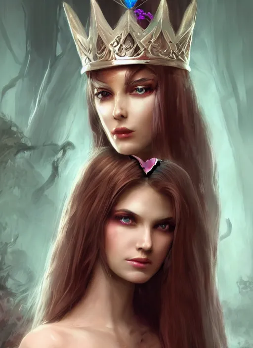 Image similar to mysterious evil princess with long hair and a crown, vivid colors, fantasy, elegant, concept art, sharp focus, beautiful face!!, digital art, Hyper-realistic, 4K, Unreal Engine, Highly Detailed, HD, Dramatic Lighting by Brom, trending on Artstation