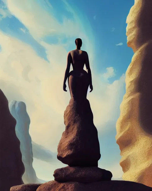 Image similar to a painting of a real woman standing in front of a huge stone statue, a screenshot by stanley twardowicz, cgsociety, aestheticism, aesthetic, vaporwave, anime aesthetic