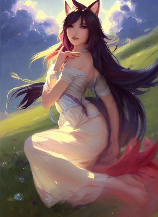 Image similar to portrait of Ahri from League of Legends after work, countryside, calm, fantasy character portrait, dynamic pose, above view, view from above, sunny day, thunder clouds in the sky, artwork by Jeremy Lipkin and Giuseppe Dangelico Pino and Michael Garmash and Rob Rey, very coherent symmetrical artwork, sharp edges, perfect face, simple form, 100mm