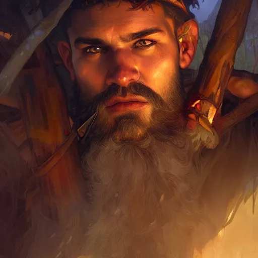 Image similar to lumberjack in an egyptian pit, deep focus portrait hyper detailed, digital painting, artstation, concept art, matte, sharp focus, illustration, art by artgerm and greg rutkowski and alphonse mucha