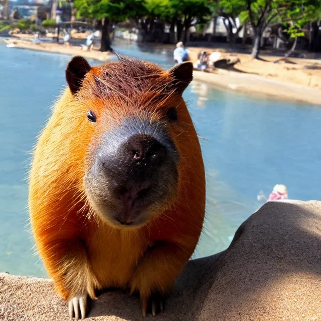 Prompt: original capybaras character with sunglasses on in the style of a disney movie