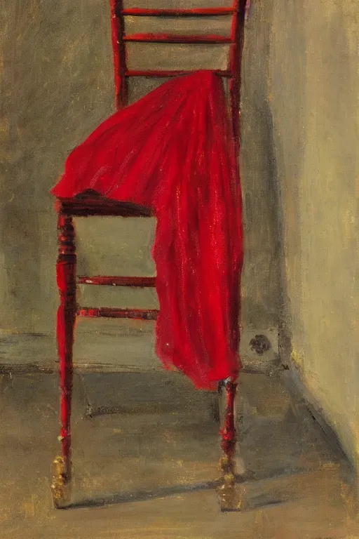 Image similar to an empty red dress laid across a chair in a dark victorian era room. in the style of american impressionism painting.