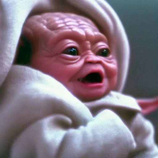 Image similar to a film still of baby yoda's son as a baby in star wars realistic, detailed