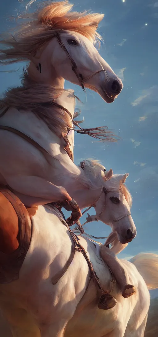 Image similar to southern ginger woman in ripped overalls riding a horse with a white mane, airbrushed, hazy, gentle, soft lighting, wojtek fus, by makoto shinkai and ilya kuvshinov,