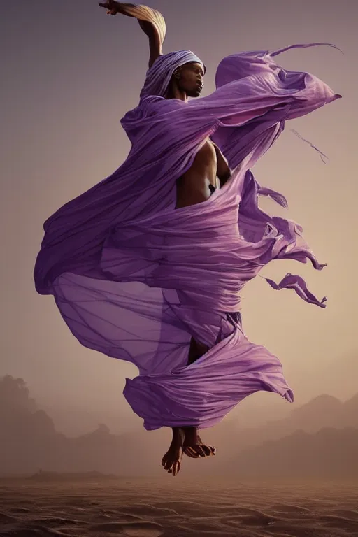 Prompt: full lenght flowing twisted clothes like tornado a old tuareg woman, many fabric, stones near foot, wind, stands on sand, full body shot, dark background, pastel purple colour scheme, giant gladiola betta fish!! jellyfish phoenix, highly detailed. by caravaggio, greg rutkowski, beeple