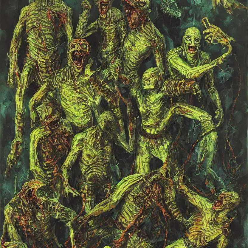 Prompt: reptile mummy monsters in a glowing ancient tomb. pulp sci - fi horror by basil gogos, vincent difate, sanjulian, and emsh. dark background