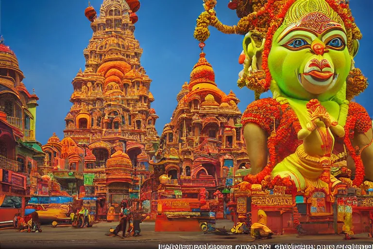 Image similar to hyperrealistic dreamscape! mumbai with biomorphic hanuman!! head building, kalighat, octane highly detailed, cinematic smooth, stephen shore & john j. park, soft morning light, wide shot, high angle, uhd 8 k, deep focus