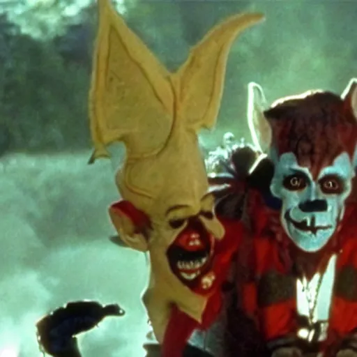 Prompt: Screen capture of an 80\'s movie featuring a fun fantasy goblin who becomes a Juggalo