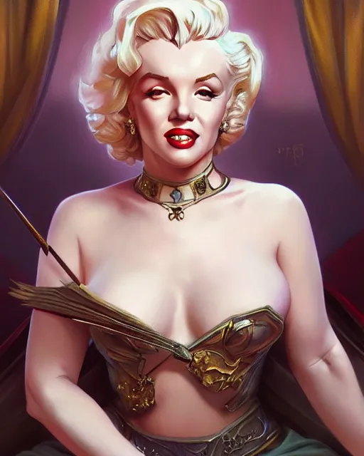 Image similar to Marilyn Monroe, D&D, fantasy, intricate, elegant, highly detailed, digital painting, artstation, concept art, matte, sharp focus, illustration, hearthstone, art by Artgerm and Greg Rutkowski and Alphonse Mucha