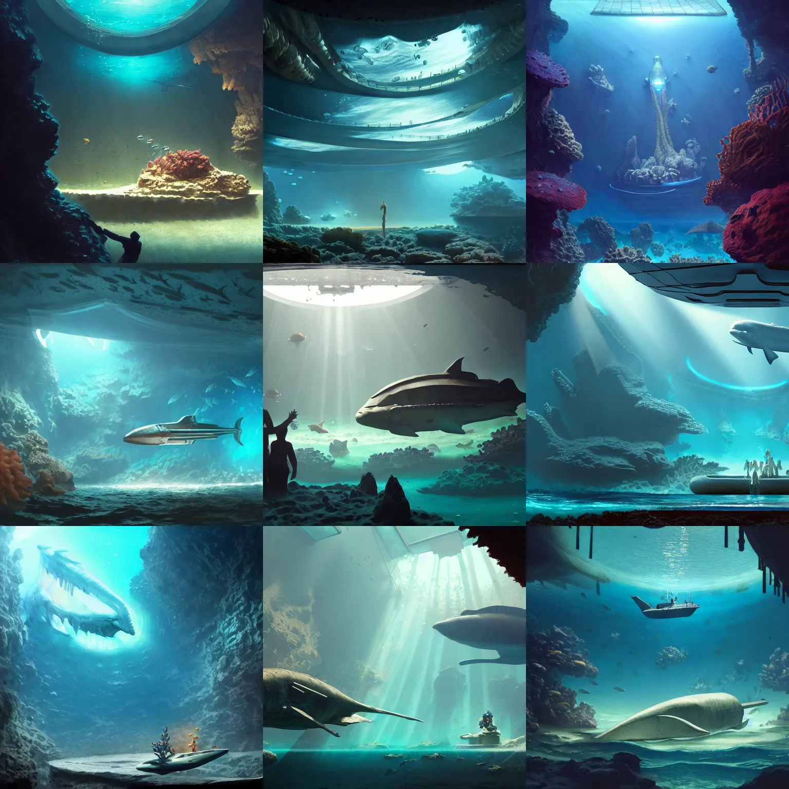 Prompt: a glass room under the sea looking at giant xiphactinus!!! and a tiny submarine, cinematic lighting, god rays, fantasy, inticrate, photorealistic, octane render, concept art, by greg rutkowski, julia gorokhova, ross tran, artstation
