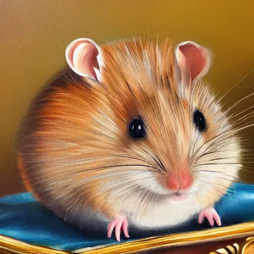 Prompt: a high detailed oil painting of a hamster wearing a crown and royal clothes. 4 k.