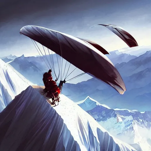 Image similar to a hangglider flying off the top of mount everest, digital painting, artstation, concept art, smooth, sharp focus, illustration, art by artgerm and greg rutkowski and alphonse mucha