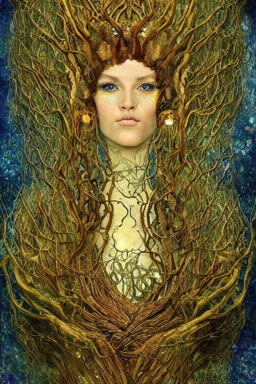 Prompt: Nature by Karol Bak, Jean Deville, Gustav Klimt, and Vincent Van Gogh, beautiful organic portrait, visionary, hair made of trees, verdant, life, botanicals, otherworldly, fractal structures, ornate gilded medieval icon, third eye, spirals