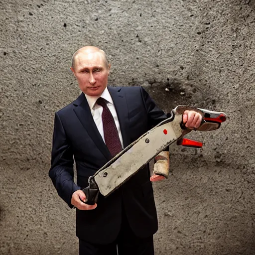 Image similar to putin with a chainsaw and a corpse. in a concrete bunker. focus on putins face with blood splatters. canon eos r 3, f / 1. 4, iso 1 6 0 0, 1 / 8 0 s, 8 k, raw, grainy