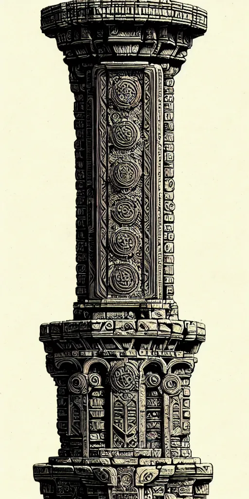 Image similar to ornate ancient stone pillar, high details, intricately detailed, by vincent di fate, inking, 3 color screen print, masterpiece, trending on artstation,, sharp, details, hyper - detailed, hd, 4 k, 8 k