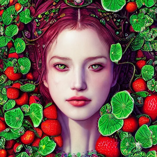 Image similar to the portrait of an absurdly beautiful, graceful, elegant, sophisticated, chaste woman made of strawberries and green petals looking up, an ultrafine hyperdetailed illustration by kim jung gi, irakli nadar, intricate linework, bright colors, octopath traveler, final fantasy, unreal engine 5 highly rendered, global illumination, radiant light, detailed and intricate environment