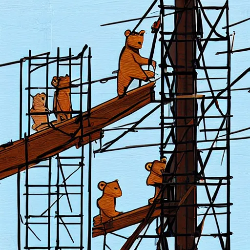 Image similar to man bear rigging a stage on a scaffold, art by dima yastronaut