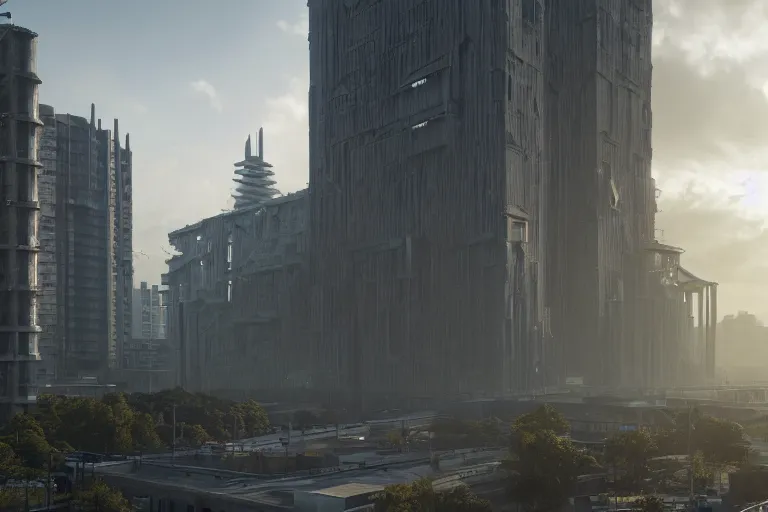 Image similar to streetscape, a towering cathedral of brutalist architecture, buildings covered with greebles, stunning volumetric light, sunset, metal, concrete and translucent material, stunning skies, majestic landscape, trending on Artstation, 8k, photorealistic, hyper detailed, unreal engine 5, IMAX quality, cinematic, epic lighting, in the style of Greg Rutkowski