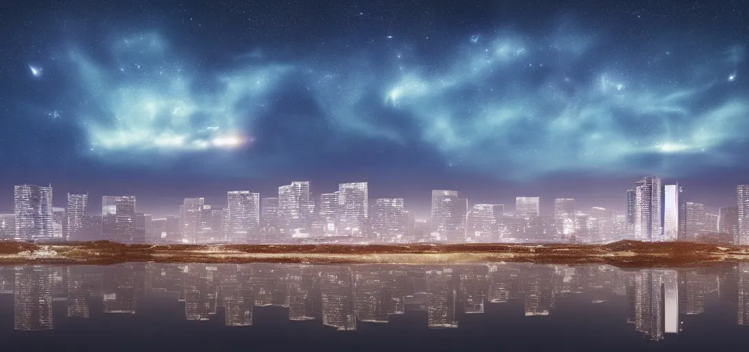 Image similar to very beautiful view of a modern japanese city at night, watery lake with accurate reflections, icy mountains in the background, calm clouds, starry sky with nebula, cinematic lighting, ultra detailed, sharp, ambient occlusion, raytracing, by dylan cole, sebastian meyer and jordan grimmer