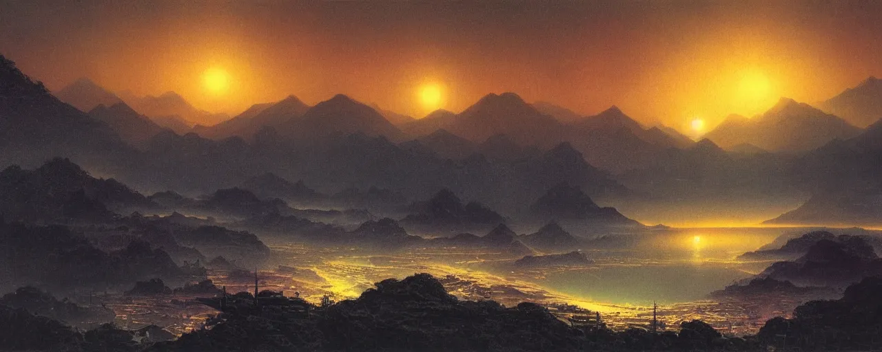 Prompt: awe inspiring bruce pennington landscape, digital art painting of 1 9 7 0 s, japan at night, 4 k, matte