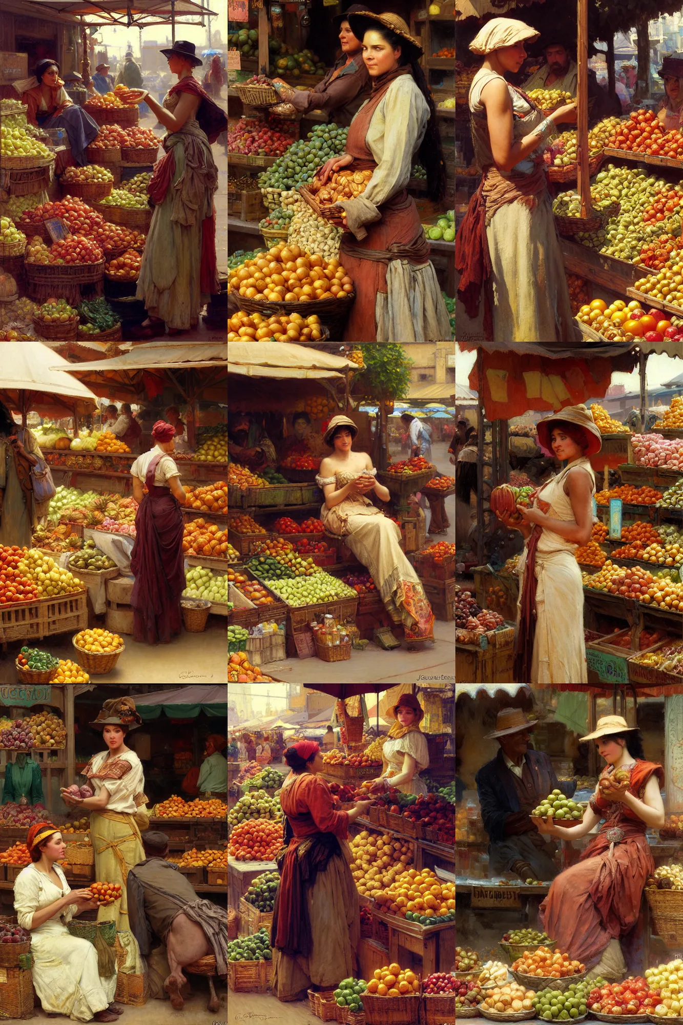 Prompt: a detailed portrait of a woman at a market place buying fruit from a merchant, borderlands 3, painting by gaston bussiere, craig mullins, j. c. leyendecker