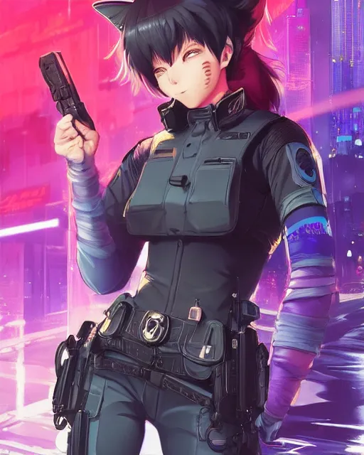 Image similar to anime key visual of a cat lady police officer, neon, cyberpunk, futuristic, stunning, highly detailed, digital painting, artstation, smooth, soft focus, illustration, art by artgerm and greg rutkowski and alphonse mucha