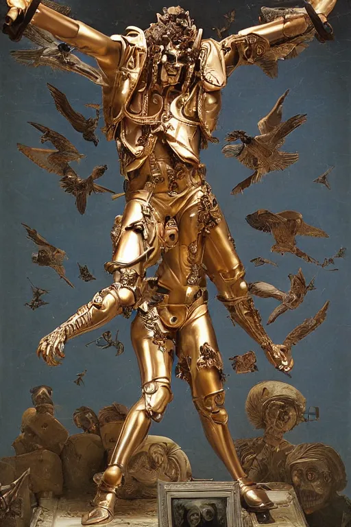 Image similar to a young handsome Spanish metal android with a large glowing battery in the center of his chest in a full-body bronze cyberpunk style statue of Icarus with glowing blue eyes, crown of peach roses, flowing teal-colored silk, fabric, flowers. baroque elements, human skull. full-length view. baroque element. intricate artwork by caravaggio. many many birds birds on background. Trending on artstation, octane render, cinematic lighting from the right, hyper realism, octane render, 8k, depth of field, 3D