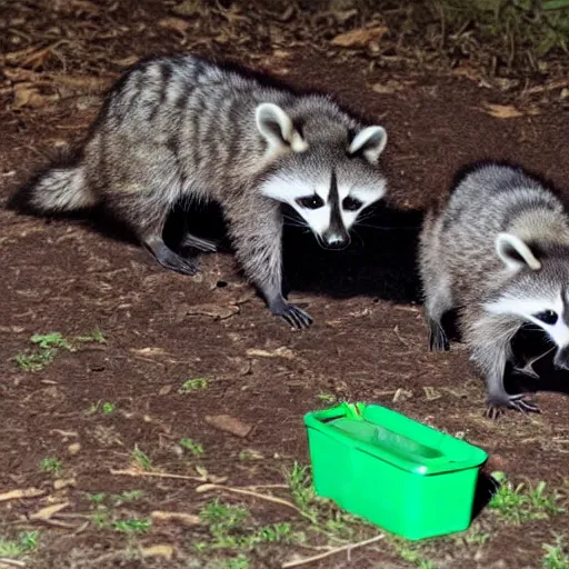 Prompt: night vision picture of raccoons rummaging through a gigantic trash mound