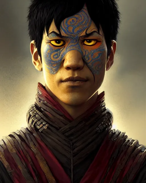 Image similar to zuko from avatar the last airbender, character portrait, portrait, close up, concept art, intricate details, highly detailed by greg rutkowski, michael whelan and gustave dore