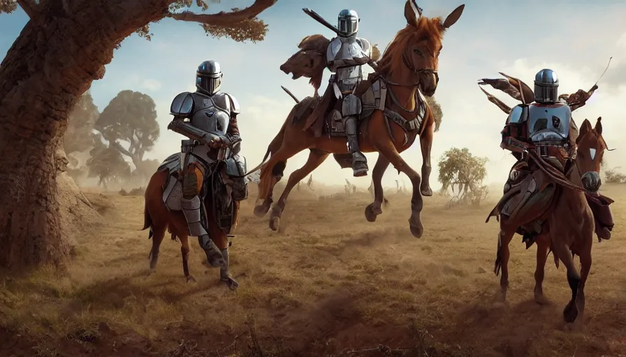 Image similar to mandalorian riding a horse through madagascar with baobabs trees, tribe members chasing for an attach, action scene, an epic fantasy, artgerm and greg rutkowski and alphonse mucha, an epic fantasy, volumetric light, detailed, establishing shot, an epic fantasy, cinematic, photorealistic, ultrarealistic, trending on art station, octane render, midsommar