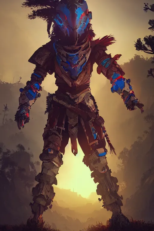 Image similar to combination suit armor aloy horizon forbidden west horizon zero dawn radiating a glowing aura global illumination ray tracing hdr fanart arstation by ian pesty and alena aenami artworks in 4 k tribal robot ninja mask helmet backpack