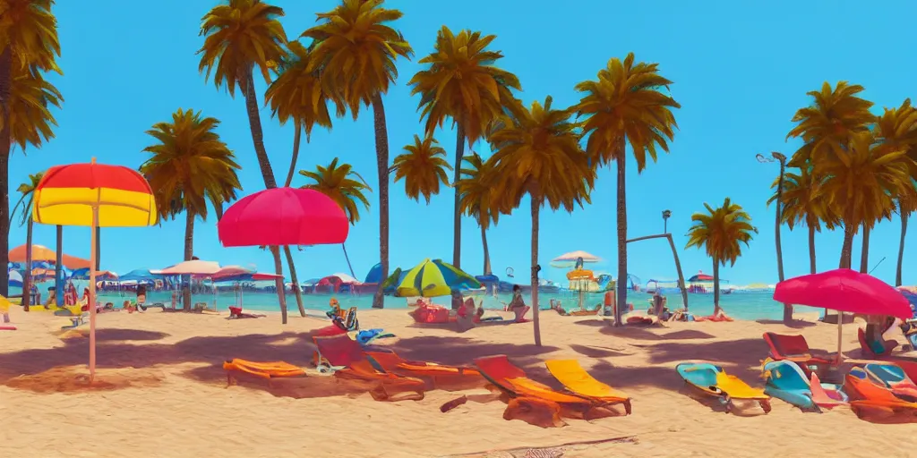 Image similar to a film still of a sunny and colourful beach scene in santa monica, los angelos by wes anderson, wide shot, sharp, rendered in unreal engine 5, bloom, dramatic lighting