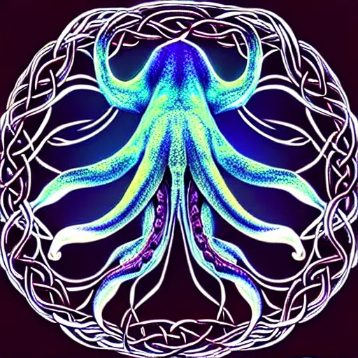 Image similar to a dramatic and beautiful digital matte painting of large realistic octopus with legs made of fractal celtic knots, trending on cgartist, hi-fructose, mandala, string wall art, ultra detailed 8k