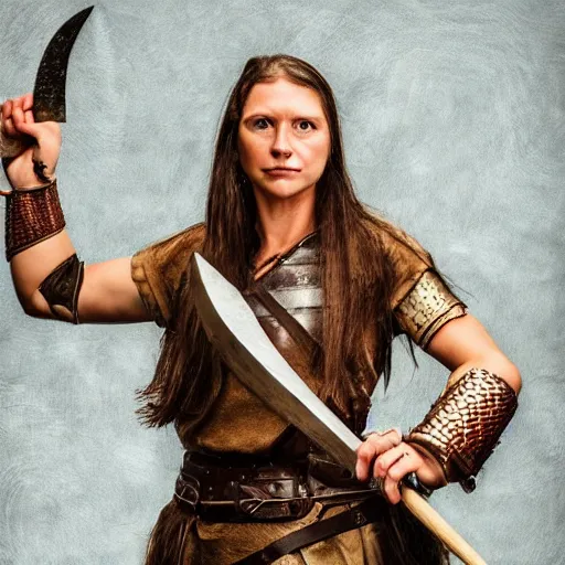 Image similar to A head and shoulders portrait of a fierce female viking warrior holding an axe