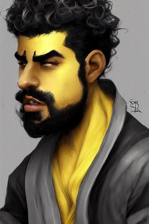 Image similar to Arab man light beard, curly hair, swordsman, modern, hero, leather , yellow and charcoal, character concept art, costume design, trending on artstation, Artgerm , WLOP