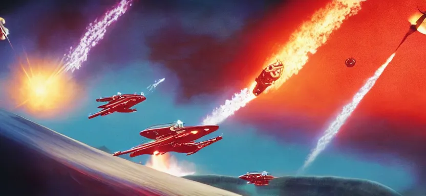 Prompt: a film still of an epic space ufo battle, explosions, wide angle, rule of thirds, colorful, thunderbirds, hbo, 4 k, hd, hyperrealistic, 7 0 mm, cronenberg