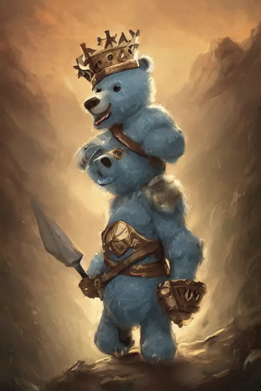 Image similar to cute little anthropomorphic bear knight wearing a cape and a crown, tiny, small, miniature bear, baby animal, short, pale blue armor, cute and adorable, pretty, beautiful, DnD character art portrait, matte fantasy painting, DeviantArt Artstation, by Jason Felix by Steve Argyle by Tyler Jacobson by Peter Mohrbacher, cinematic lighting