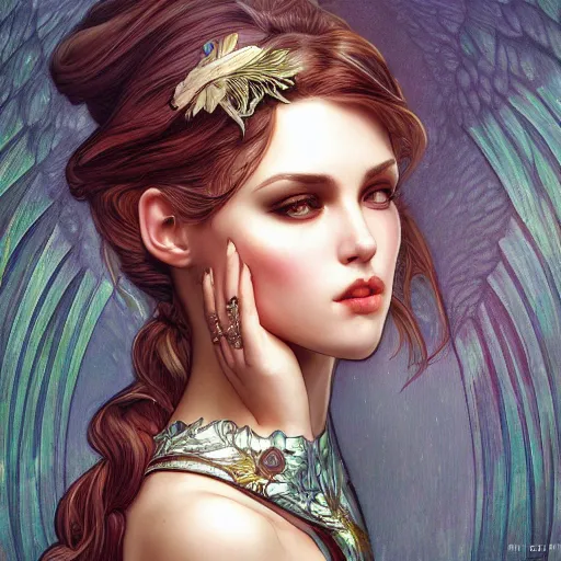 Image similar to a photograpic portrait of a pretty woman, spacepunk, fantasy, intricate, elegant, highly detailed, digital painting, artstation, concept art, smooth, sharp focus, illustration, art by artgerm and H R Giger and alphonse mucha