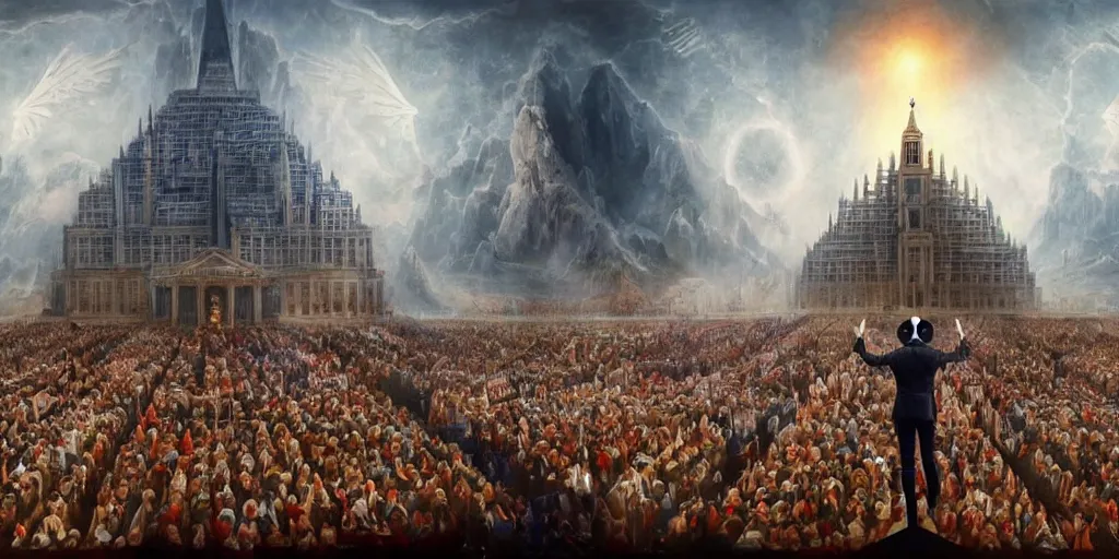 Image similar to emanuel macron hacking his way to illuminati council, freemason, epic, esoteric, matte painting, ultra detailled