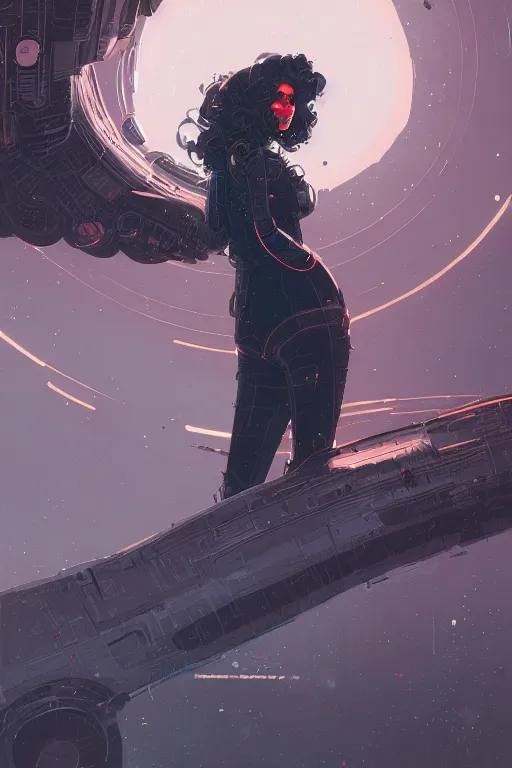 Image similar to highly detailed portrait of sci - fi long curly blue haired lady by atey ghailan, james gilleard, by joe fenton, by greg rutkowski, by greg tocchini, by kaethe butcher, 4 k resolution, gradient red, orange, black and white color scheme!!! ( ( nebula dystopian city spiral background ) )