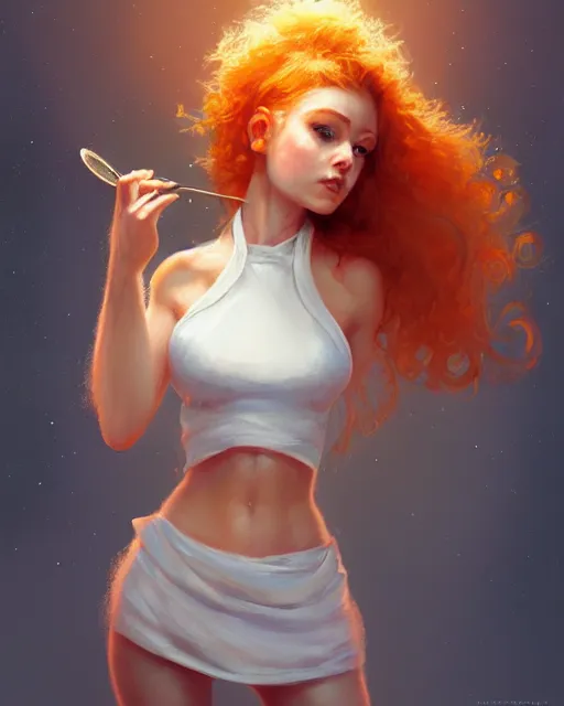 Prompt: cute female chef, perfect face, white halter top, ginger hair, abs, cinematic, stunning, elegant, highly detailed, psychedelic, digital painting, artstation, smooth, hard focus, illustration, art by jessica rossier and and brian froud