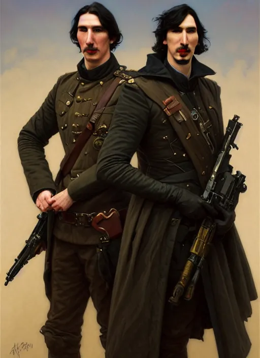 Image similar to a portrait of john oliver and adam driver posing together, stoic, military uniform, fantasy, centered, dark, smoke, fog, art by artgerm and greg rutkowski and alphonse mucha