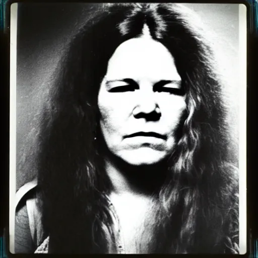 Image similar to Mugshot Portrait of Janis Joplin, taken in the 1970s, photo taken on a 1970s polaroid camera, grainy, real life, hyperrealistic, ultra realistic, realistic, highly detailed, epic, HD quality, 8k resolution, body and headshot, film still, front facing, front view, headshot and bodyshot, detailed face, very detailed face