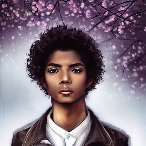 Image similar to beautiful 16 year old black boy dressed in spring wear, portrait, kpop idol, model, short curly hair like Michael Jackson, beautiful face like Zendaya, rule of thirds, trending on pixiv, trending on deviantart, 8k character concept, symmetrical facial features, by Charlie Bowater, dramatic lighting, forest background, raining, proportionate, trending on artstation